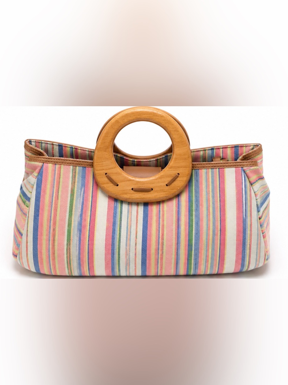 Fossil Stripe Coastal Canvas Leather Tote Wood Handle Boho Multicolor Purse Chic
